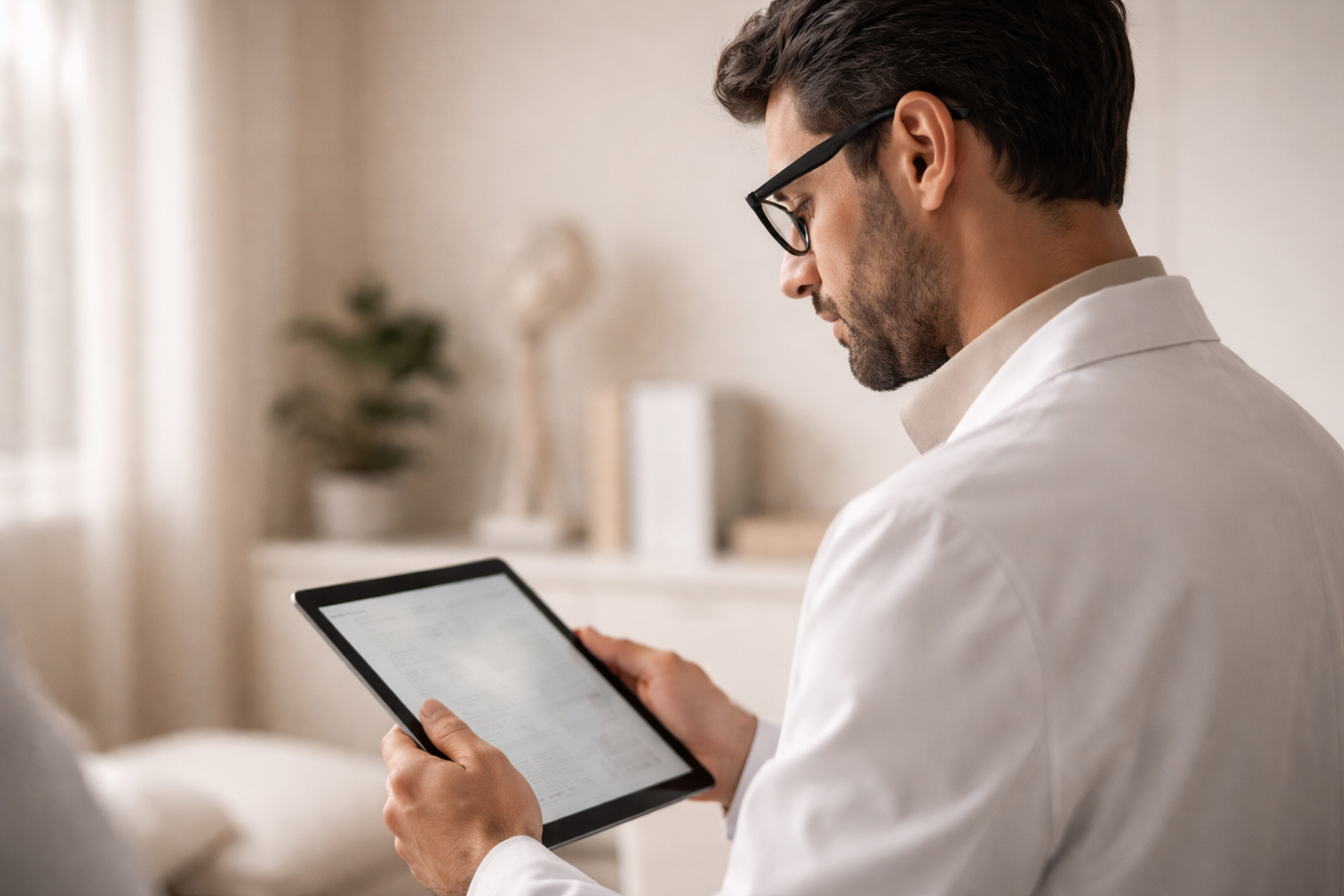 Médico especialista analizando información clínica para decidir tratamiento, regeneración o cirugía facial