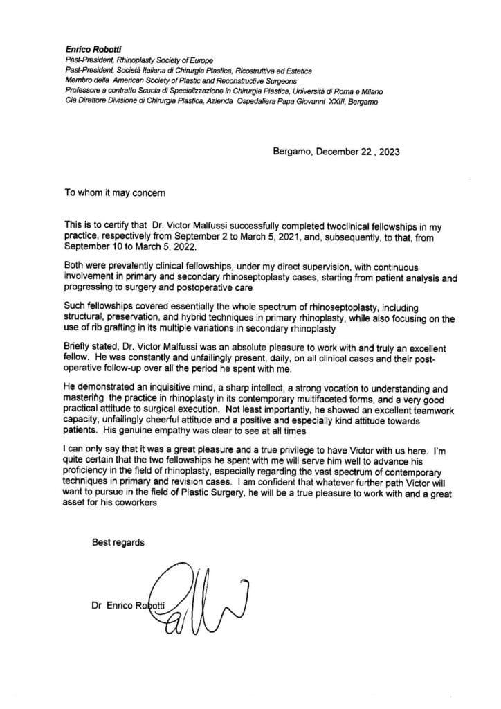 Carta de recomendación del Prof. Enrico Robotti para el Dr. Víctor Malfussi tras su fellowship en rinoplastia en Italia