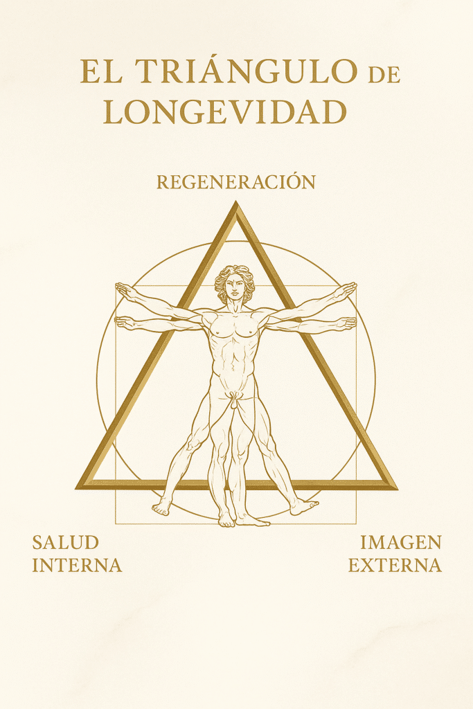 Modelo clínico del Triángulo de la Longevidad del Dr. malfussi que integra salud interna, regeneración e imagen externa