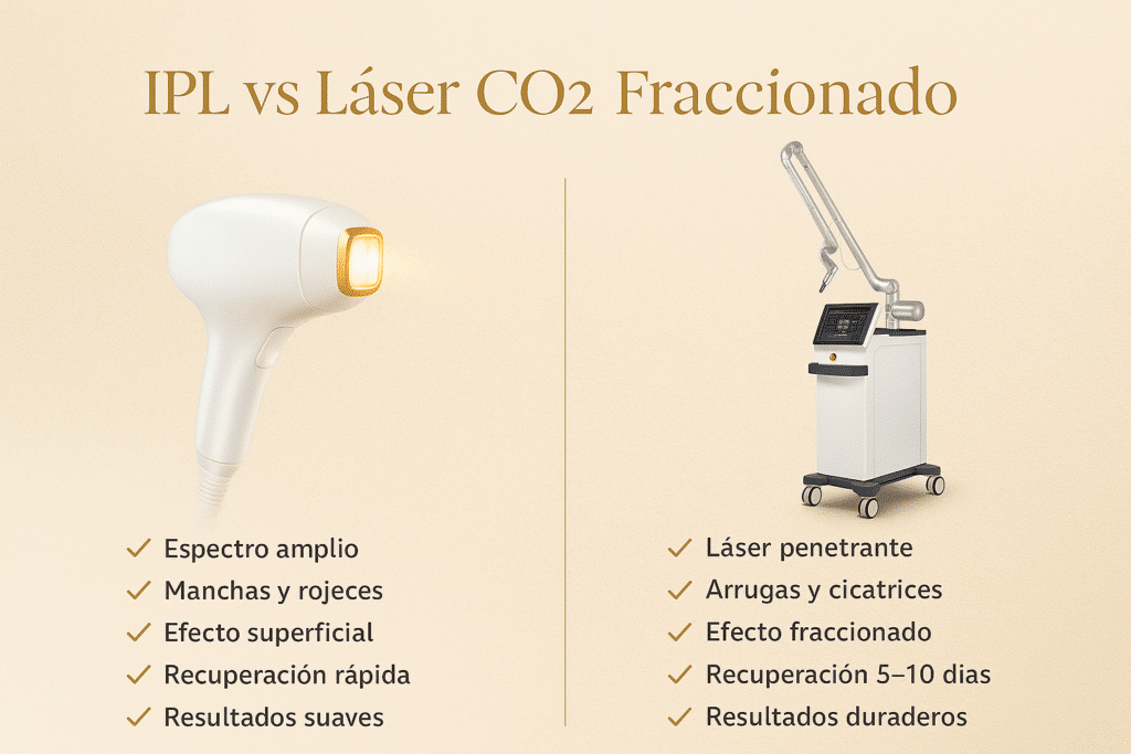 Comparación entre IPL y láser CO₂ fraccionado según profundidad de acción, recuperación y resultados
