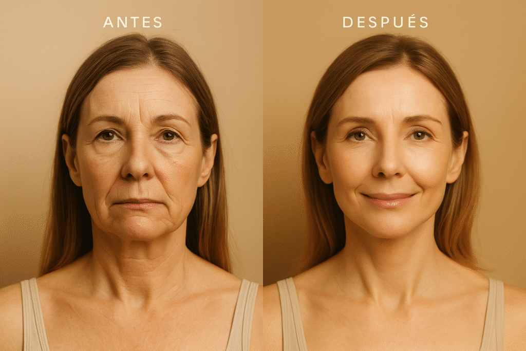 Resultados de lifting facial profundo antes y después con mejora del contorno facial