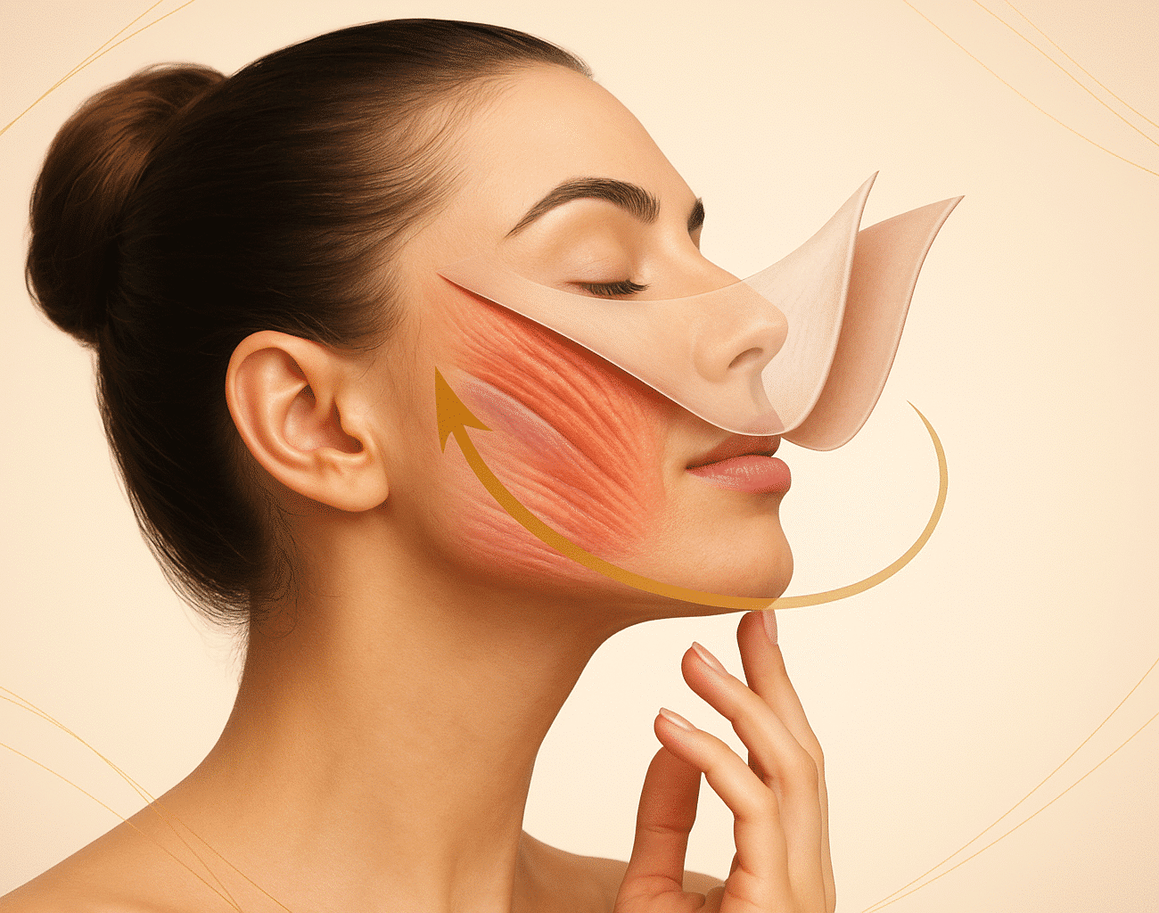 Diagrama anatómico del lifting facial profundo con reposicionamiento del sistema SMAS