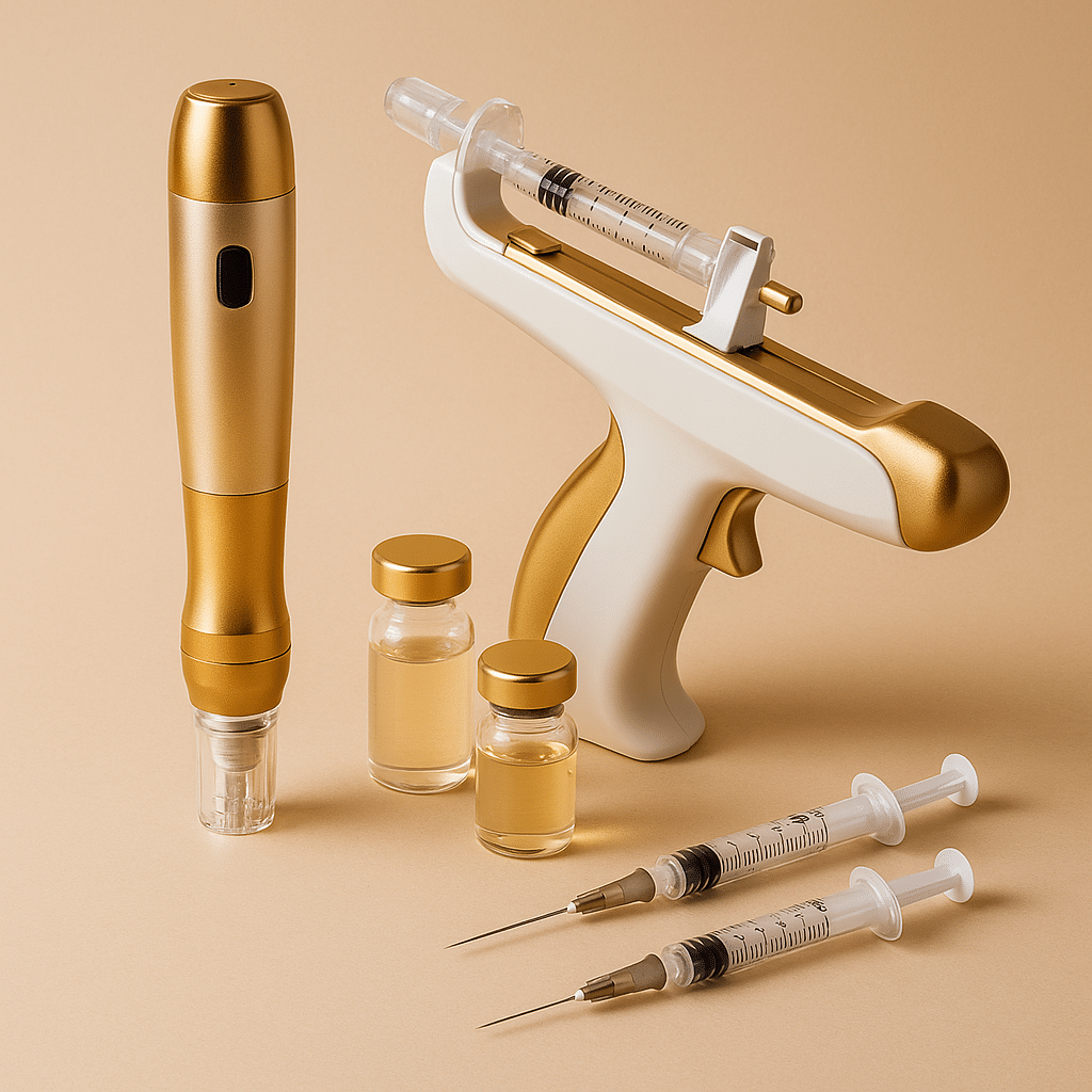 Dermapen médico utilizado en microneedling facial para inducción percutánea de colágeno