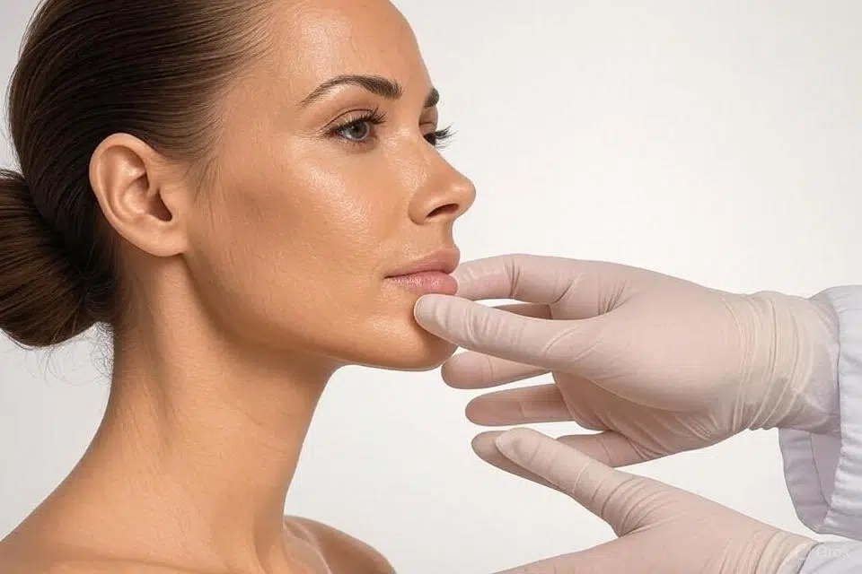 Mujer de perfil con piel luminosa siendo examinada suavemente por un médico con guantes, transmitiendo confianza, precisión y resultados naturales
