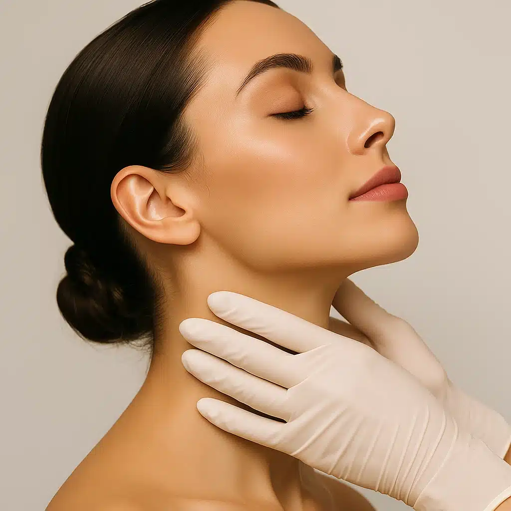 Mujer de perfil con piel tersa y luminosa, destacando el óvalo facial y el cuello como resultado de un lifting estético