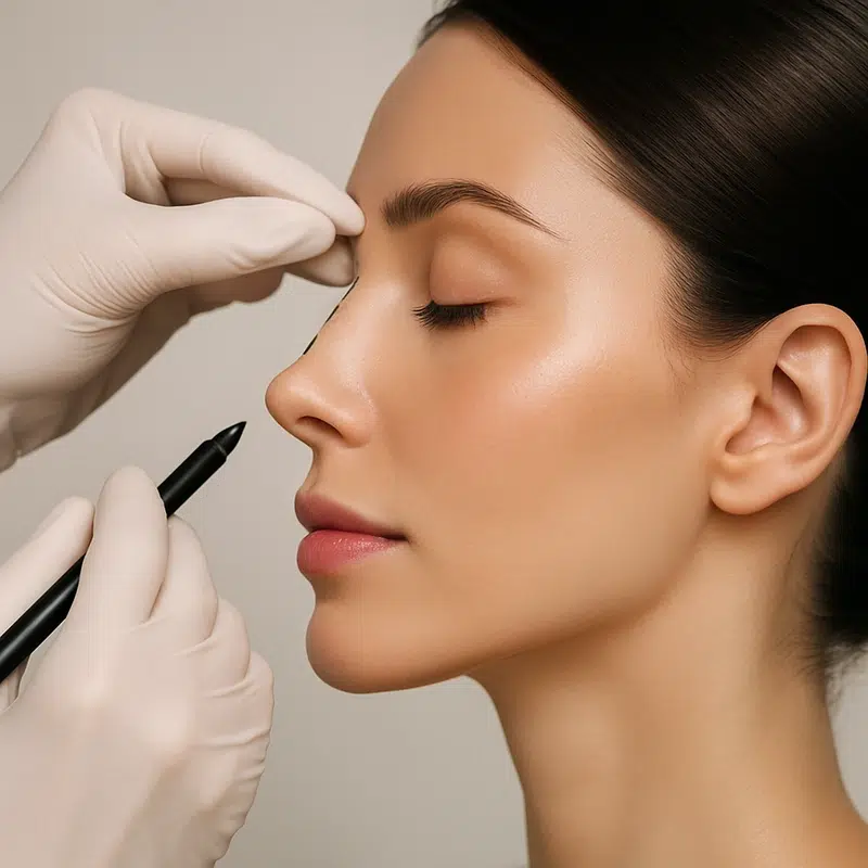 Mujer de perfil con nariz armónica y manos con guantes quirúrgicos evaluando el rostro, concepto de rinoplastia estética en Madrid