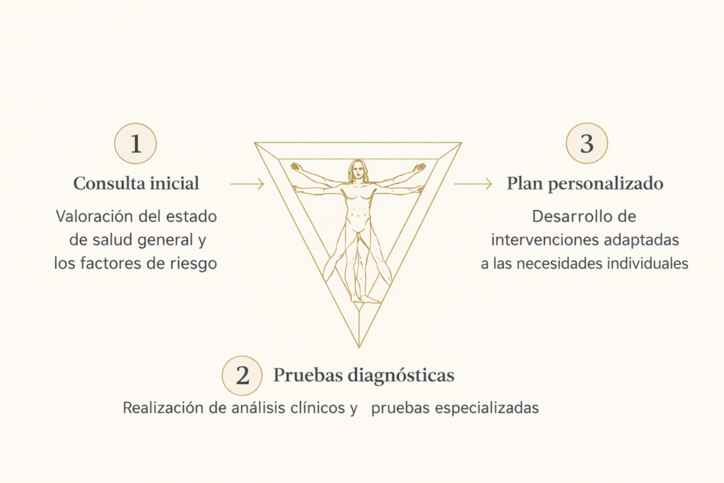 Proceso clínico estructurado del Dr. Malfussi: evaluación inicial, pruebas diagnósticas y plan personalizado.