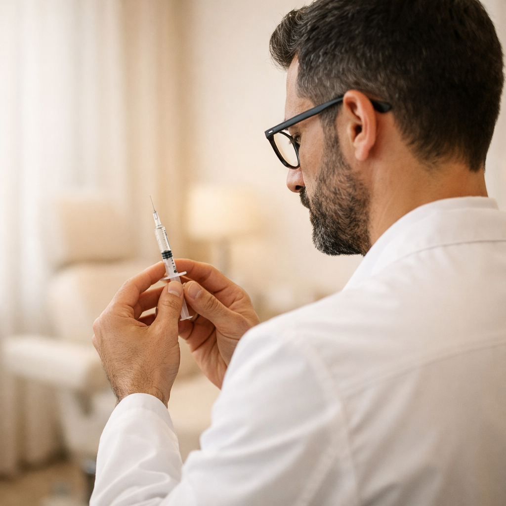 Médico especialista evaluando un tratamiento inyectable de relleno o bioestimulación facial