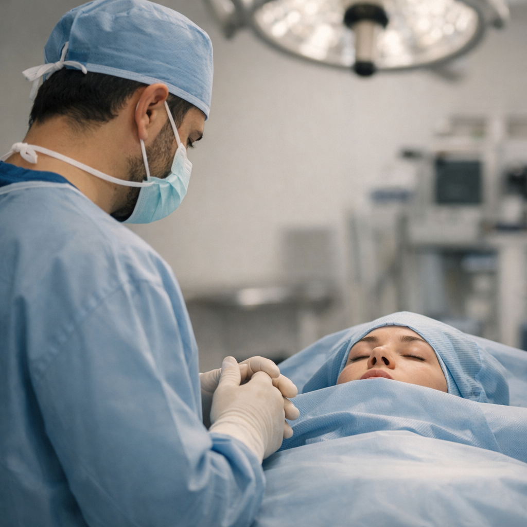 Cirujano plástico evaluando a una paciente en quirófano antes de un procedimiento de rejuvenecimiento facial