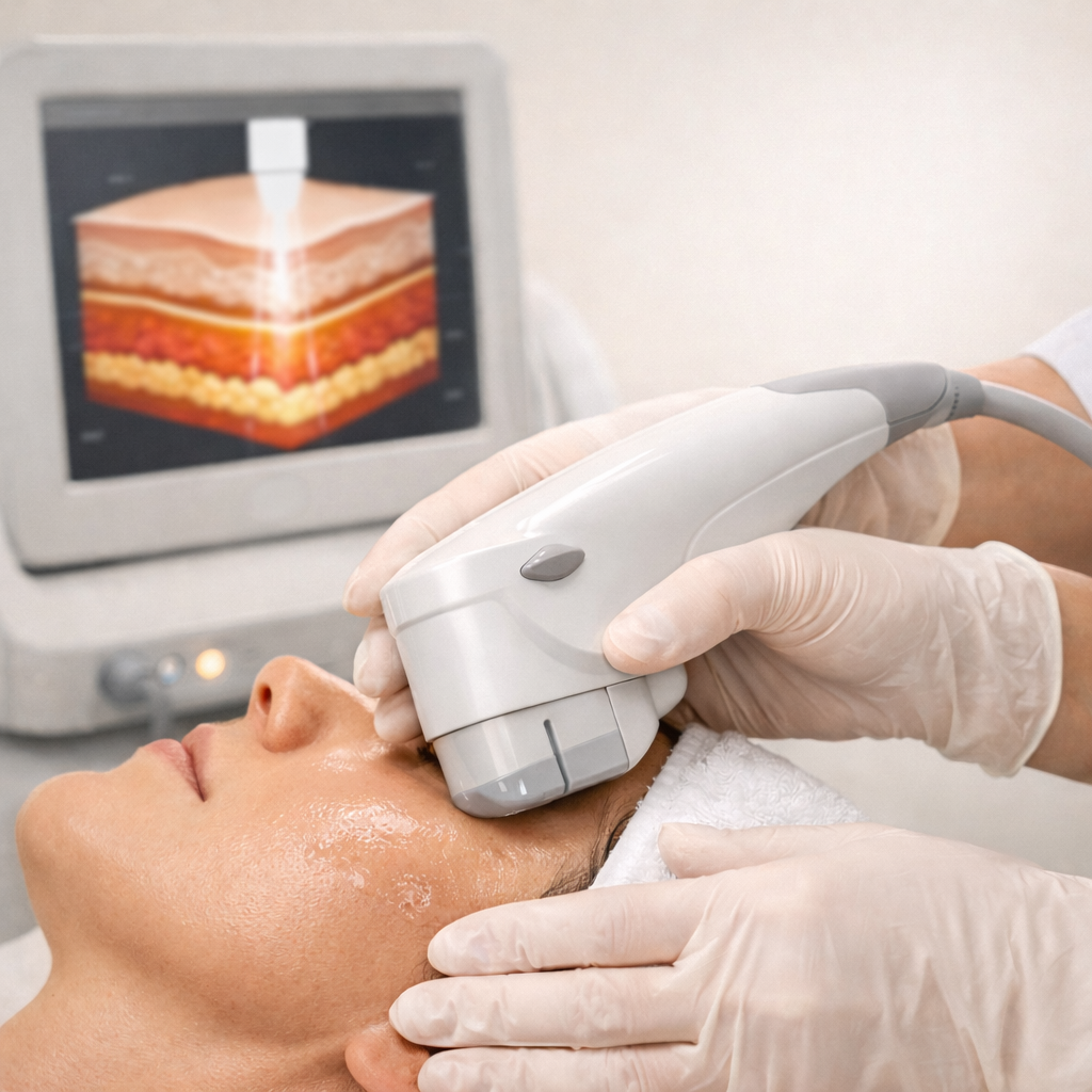 Ecografía facial en medicina estética para evaluar capas de la piel antes de un tratamiento