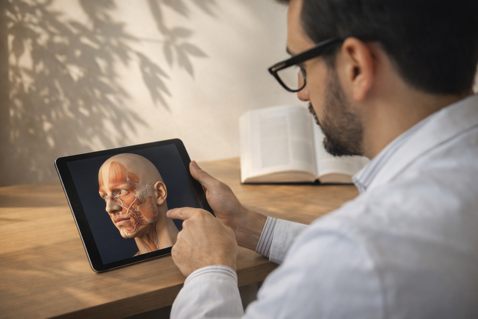 Cirujano plástico analizando modelo anatómico facial en tablet para planificación de armonización y resultados naturales en medicina estética