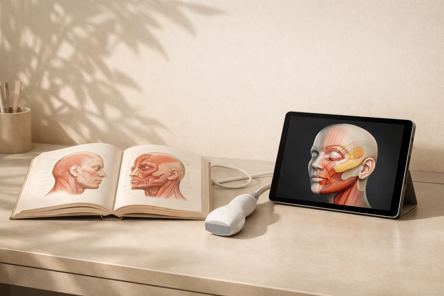 Consulta de medicina estética con libro de anatomía facial, ecógrafo y análisis digital de estructuras profundas del rostro.