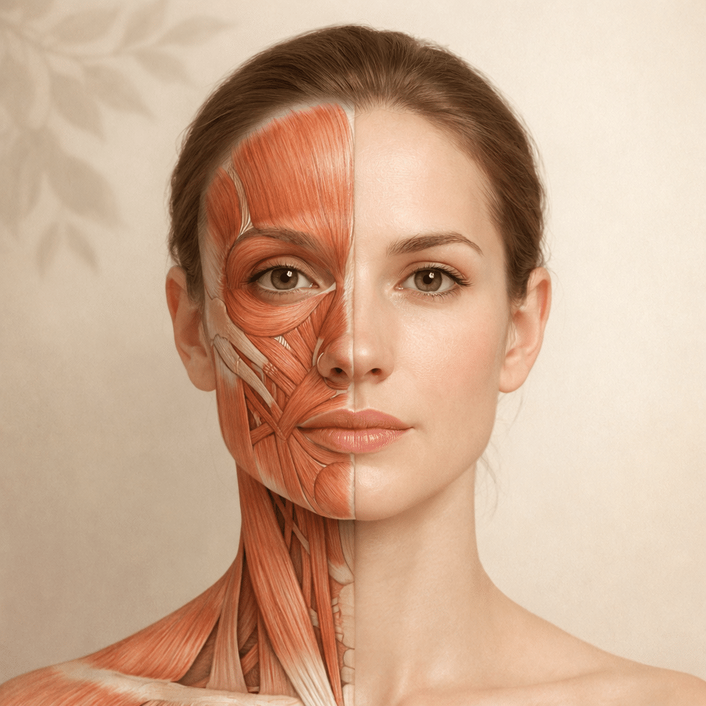 Anatomía facial comparativa mostrando estructura muscular profunda y superficie cutánea en medicina estética.