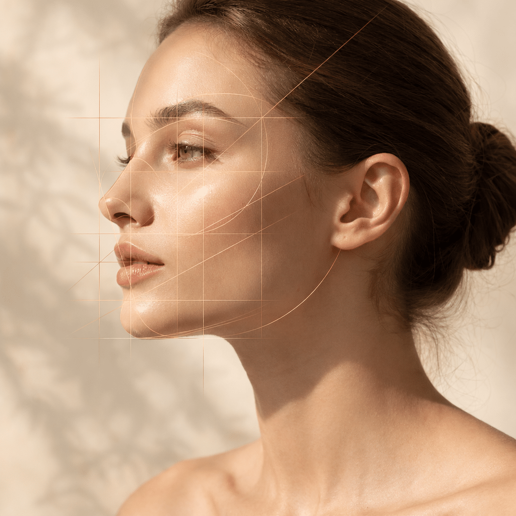 Análisis estructural facial con líneas proporcionales elegantes en consulta de medicina estética.