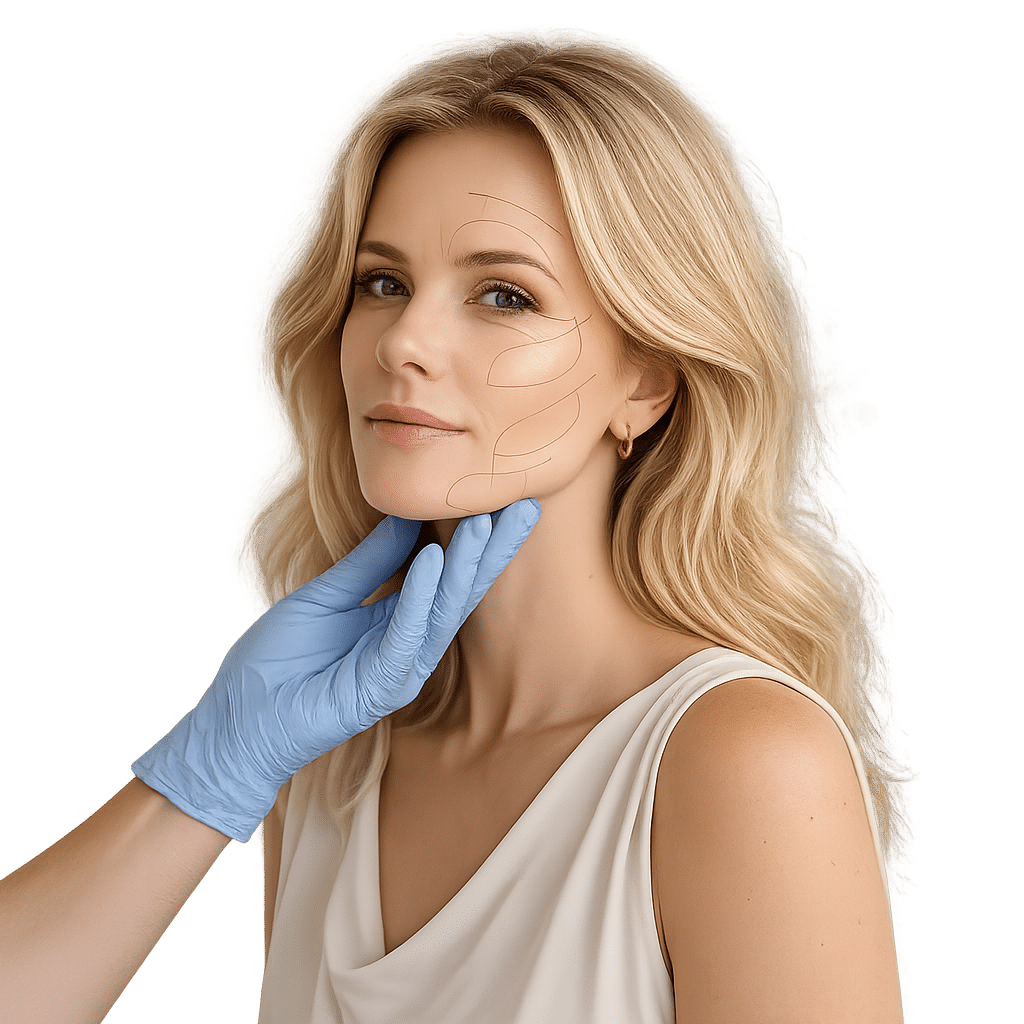 Mujer recibiendo evaluación estética facial con guante médico para armonización facial.