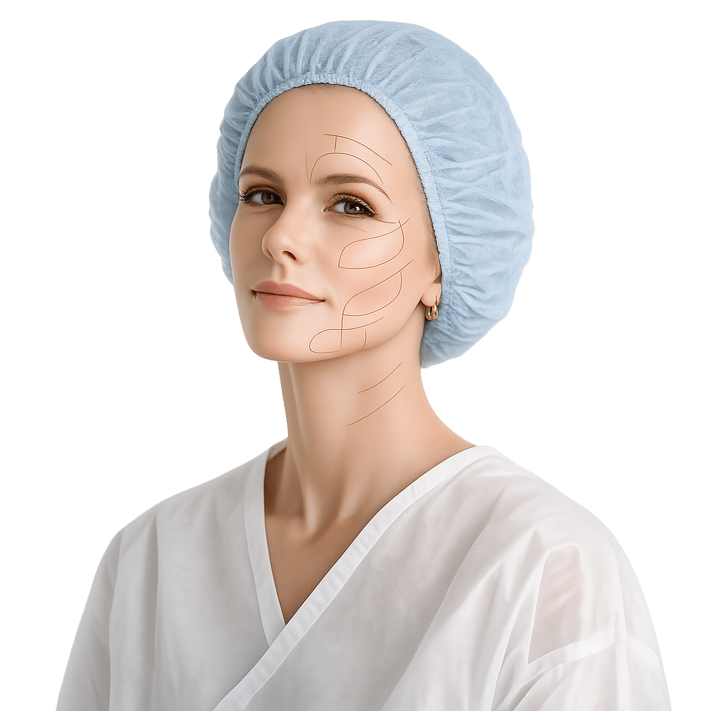 Retrato clínico que representa cirugía de lifting facial y cervical.