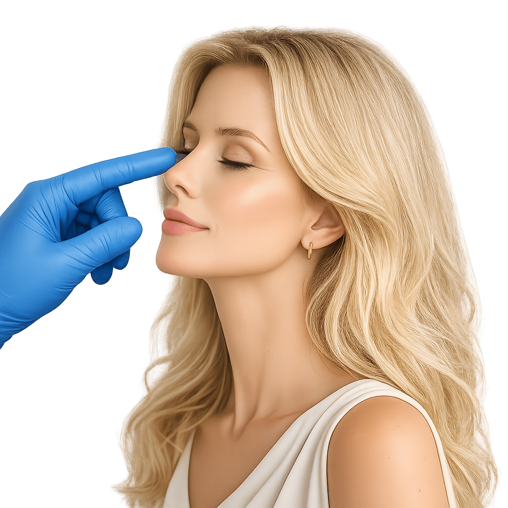 Mujer de perfil con evaluación nasal médica para rinoplastia.