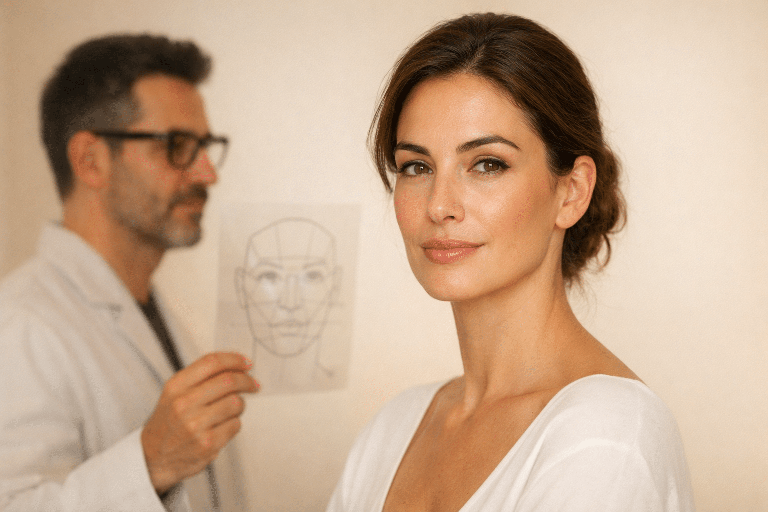 Paciente en primer plano durante evaluación médica facial, con doctor desenfocado en perfil sosteniendo mapa facial en clínica de medicina de longevidad.