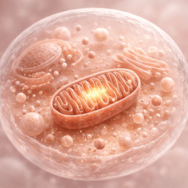 Mitocondria dentro de célula humana representando producción de energía en medicina de longevidad
