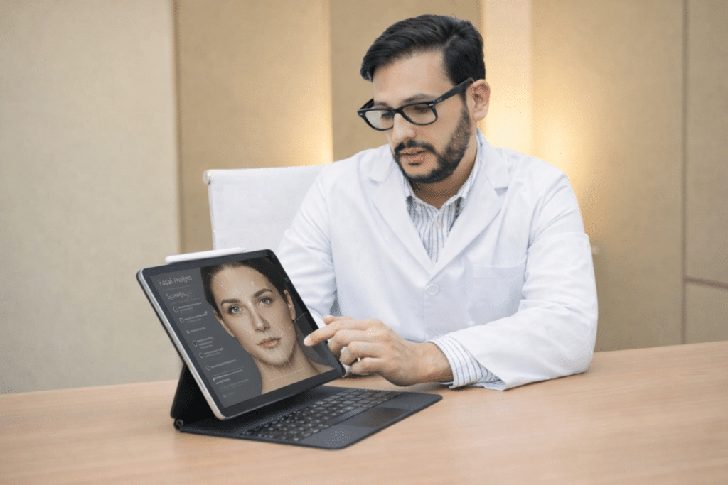 doctor analizando rostro con software de diagnóstico facial en consulta médica on line