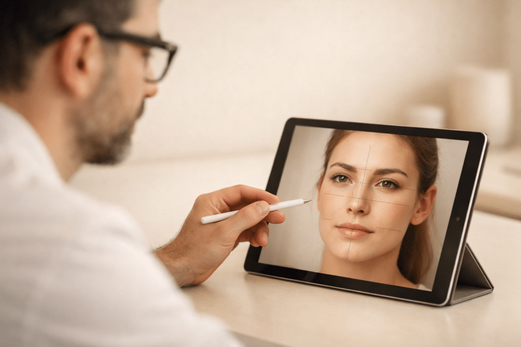 diagnóstico facial online en tablet con análisis de proporciones y evaluación médica estética