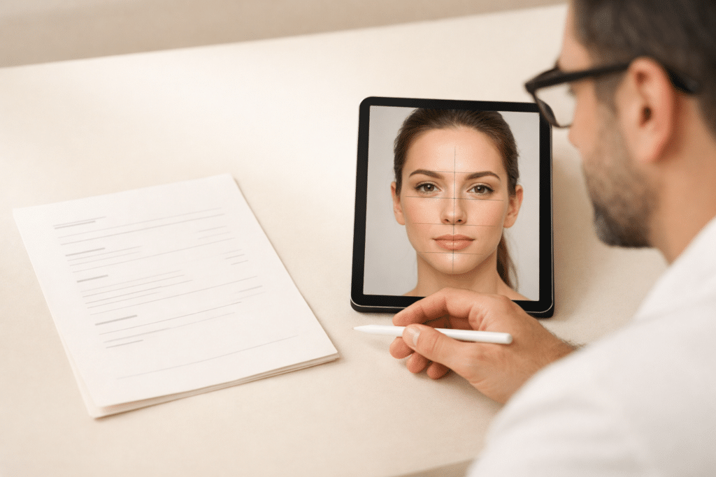 segunda opinión médica estética analizando rostro en tablet antes de cirugía facial