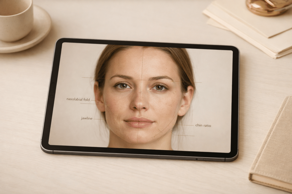 Evaluación facial médica con análisis estructural del rostro en pantalla, diagnóstico personalizado previo al tratamiento