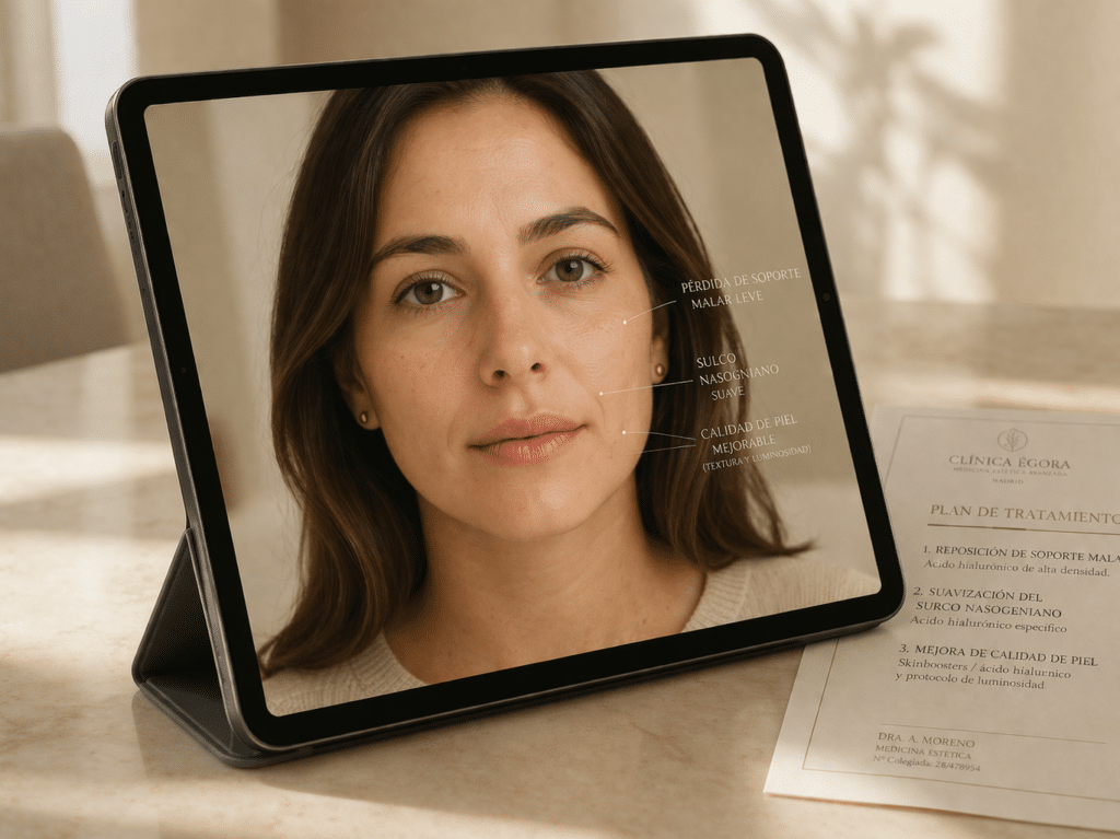 Evaluación de segunda opinión médica con análisis facial en pantalla y revisión de tratamiento propuesto