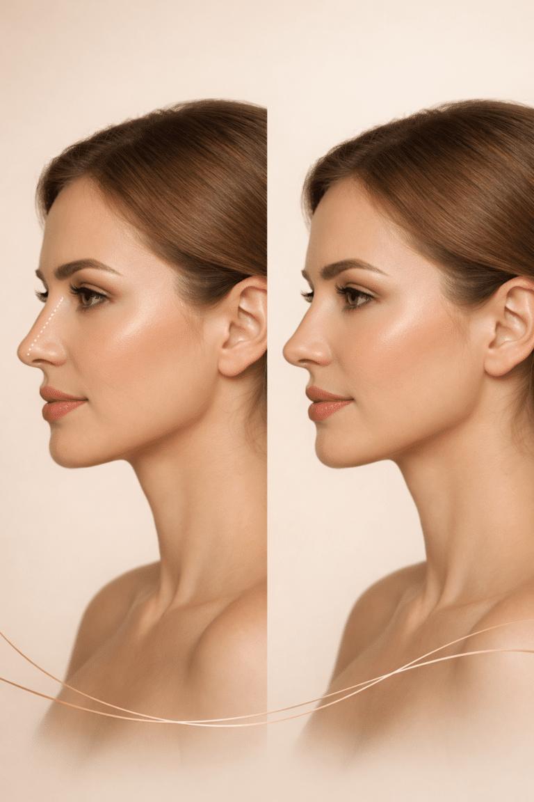 Perfil lateral de una mujer antes y después de una rinoplastia, mostrando corrección del dorso nasal y resultado más armonioso