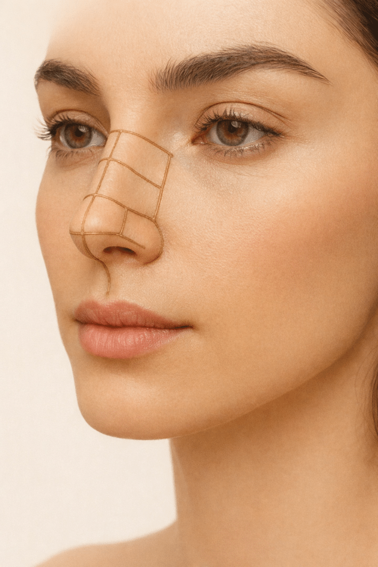 Evaluación estética de la nariz con líneas de planificación para rinoplastia y análisis del perfil nasal.